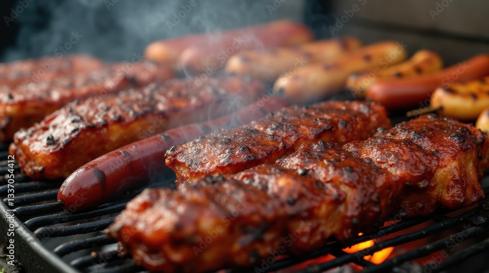 Close-up of assorted grilled meats, including ribs, sausages, and skewers, covered in a rich glaze Close-up of assorted grilled meats, including ribs, sausages, and skewers, covered in a rich glaze