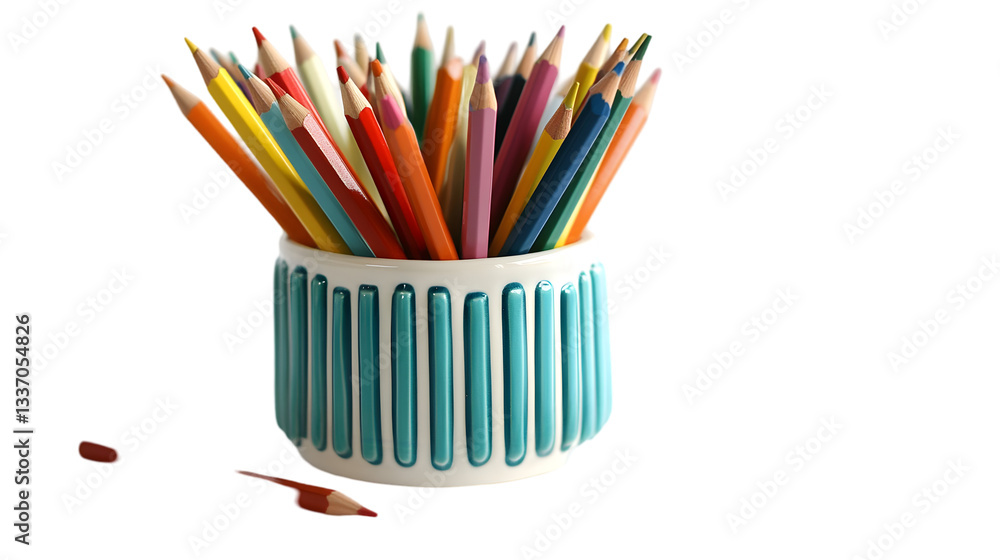 Fototapeta premium Colorful Pencils in Teal Ceramic Holder Art Supplies Creativity Drawing