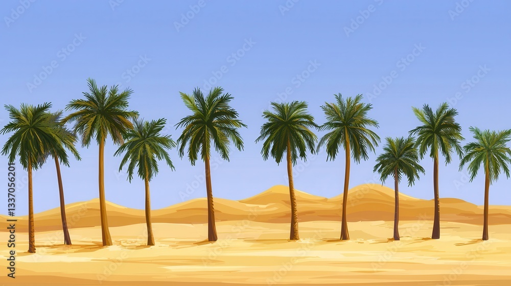 Obraz premium Oasis Landscape Palm Trees in Desert Sands Under Blue Sky