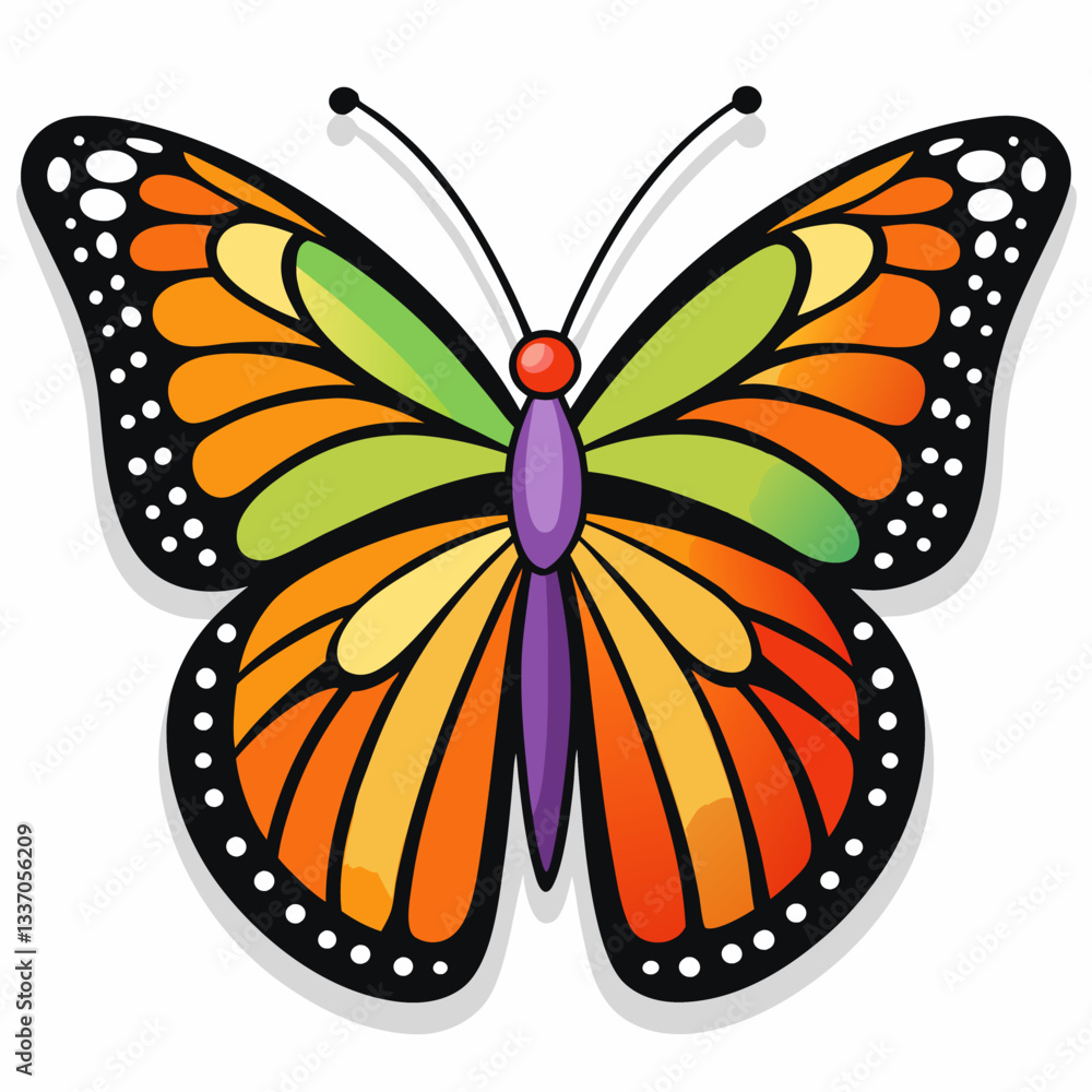 A colorful monarch butterfly on a flower and a white background A colorful monarch butterfly on a flower and a white background
