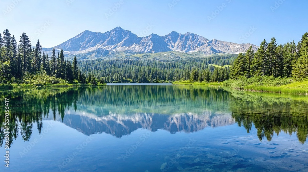Naklejka premium Serene Mountain Lake with Crystal-Clear Water Reflecting Peaks and Trees, Creating a Peaceful Meditative Space for Relaxation