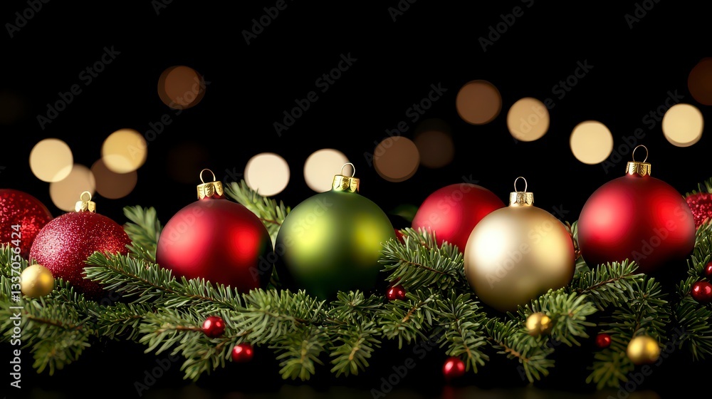 Festive Christmas Ornament Arrangement with Evergreen Branches and Bokeh Lights Festive Christmas Ornament Arrangement with Evergreen Branches and Bokeh Lights
