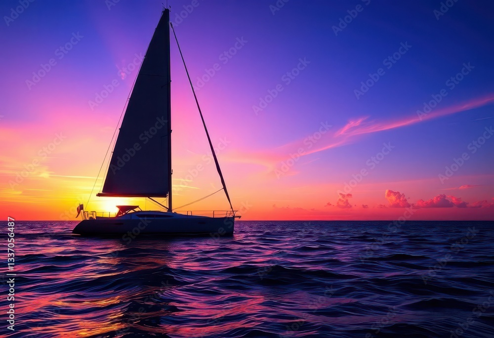 Fototapeta premium Sailboat silhouetted against vibrant sunrise, ocean vast, vessel, still