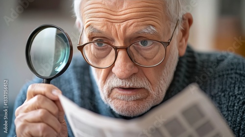 Elderly man with magnifying glass struggling to read small text in a newspaper due to hyperopia