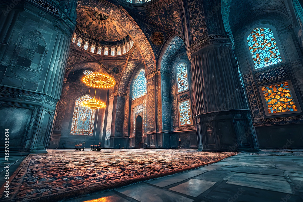 Obraz premium Majestic interior of a historic mosque showcasing intricate architecture, colorful stained glass, and ornate chandeliers