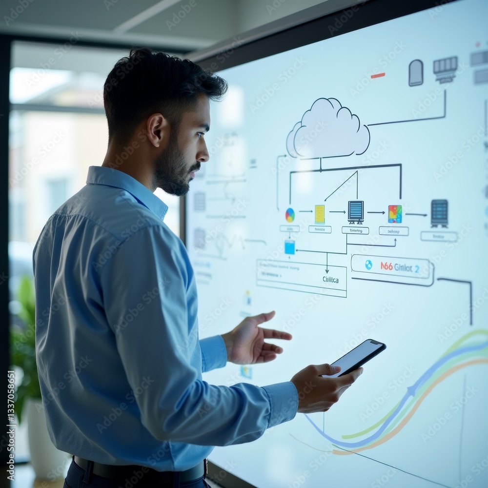 Obraz premium young man standing front large whiteboard flowchart wearing blue shirt holding smartphone his hand flowchart visual representation cloud computing system various icons representing different aspects