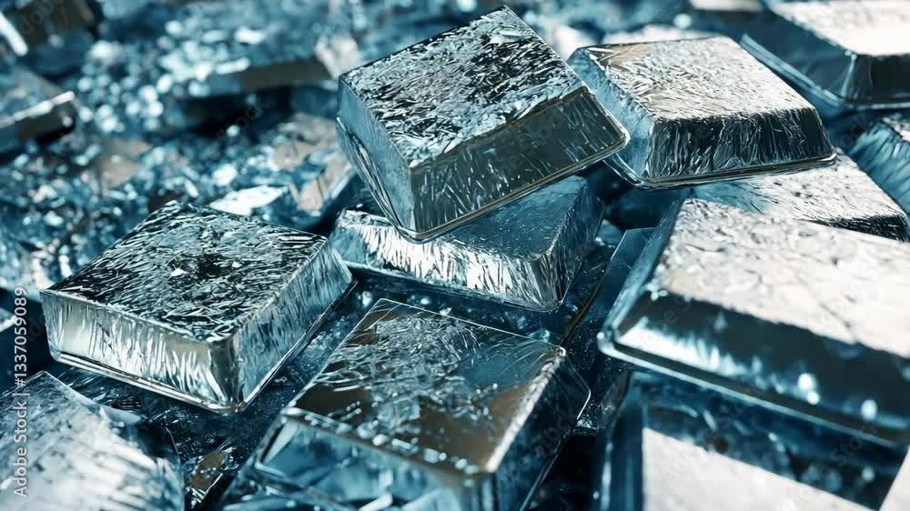 Silver ingots stacked together shine brightly under soft lighting in a metallic environment showcasing their fine texture and quality Silver ingots stacked together shine brightly under soft lighting in a metallic environment showcasing their fine texture and quality
