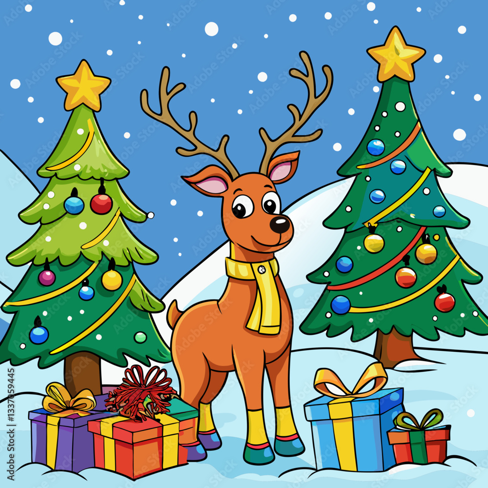 A cute cartoon illustration of Santa and Rudolph the reindeer by a snow-covered Christmas tree, a merry winter holiday scene A cute cartoon illustration of Santa and Rudolph the reindeer by a snow-covered Christmas tree, a merry winter holiday scene