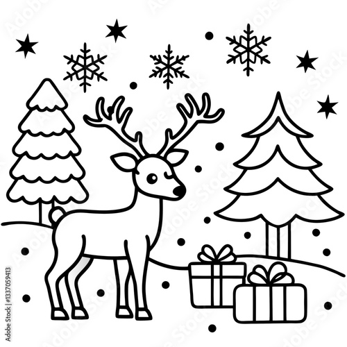 Cute cartoon reindeer and Santa deliver gifts through a snowy winter landscape on a festive Christmas card