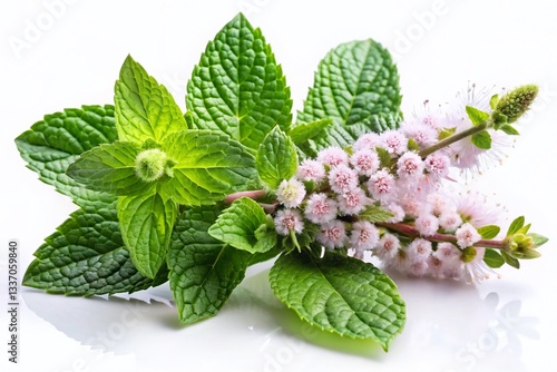 Fresh Mint Sprigs with Delicate Flowers Isolated on White - High-Resolution Stock Photo