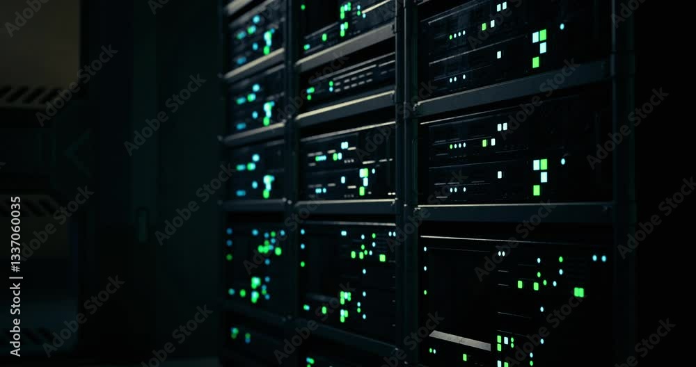 Bright green lights from data storage units create a glowing effect in a dimly lit room, showcasing the sophisticated technology and organized layout of electronic equipment. Bright green lights from data storage units create a glowing effect in a dimly lit room, showcasing the sophisticated technology and organized layout of electronic equipment.