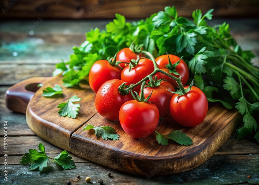 Fresh Organic Tomatoes & Cilantro on Rustic Cutting Board - Healthy Eating Fresh Organic Tomatoes & Cilantro on Rustic Cutting Board - Healthy Eating