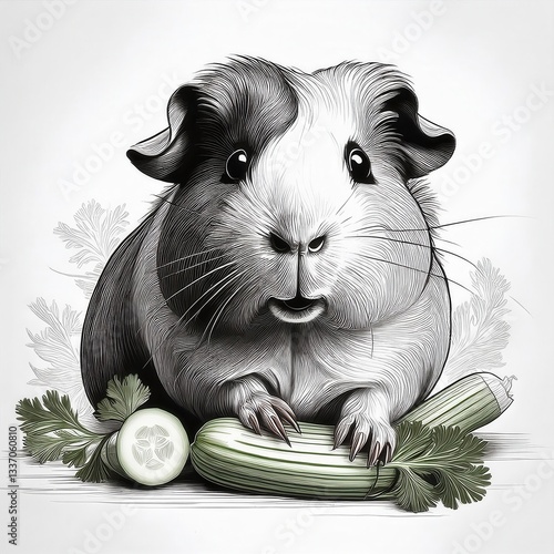 Cute guinea pig with black and white fur sitting among fresh vegetables in a bright, artistic illustration. Generative AI