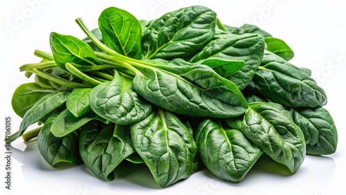 Fresh Spinach Bunch, Vibrant Green Leaves, White Background - Stock Photo