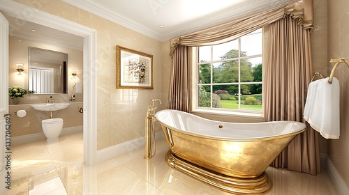 Luxurious golden bathtub bathed in light, with garden view, for home decor or spa