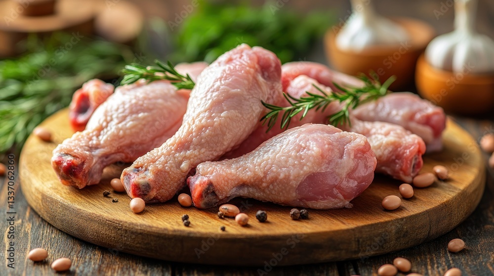 Fresh chicken drumsticks on wooden board Fresh chicken drumsticks on wooden board