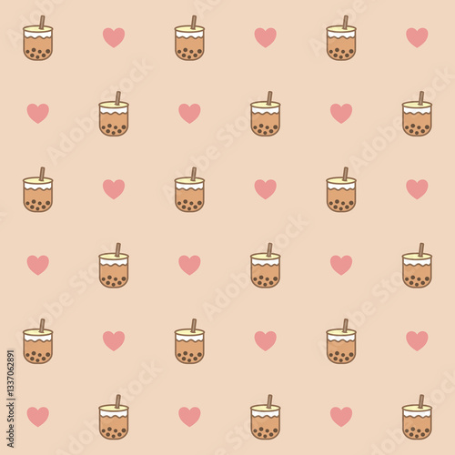 Boba tea or bubble milk tea cup seamless pattern vector. Sweet brown sugar bubble milk tea dessert in glasses for wrapping, textile, card, stationary, and phone cases.