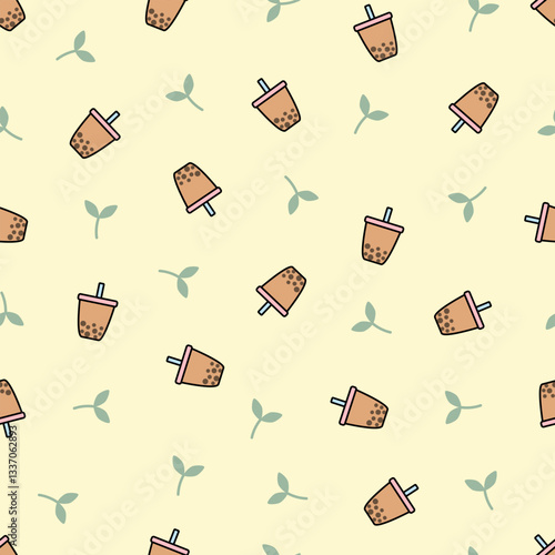 Boba tea or bubble milk tea cup seamless pattern vector. Sweet brown sugar bubble milk tea dessert in glasses for wrapping, textile, card, stationary, and phone cases.
