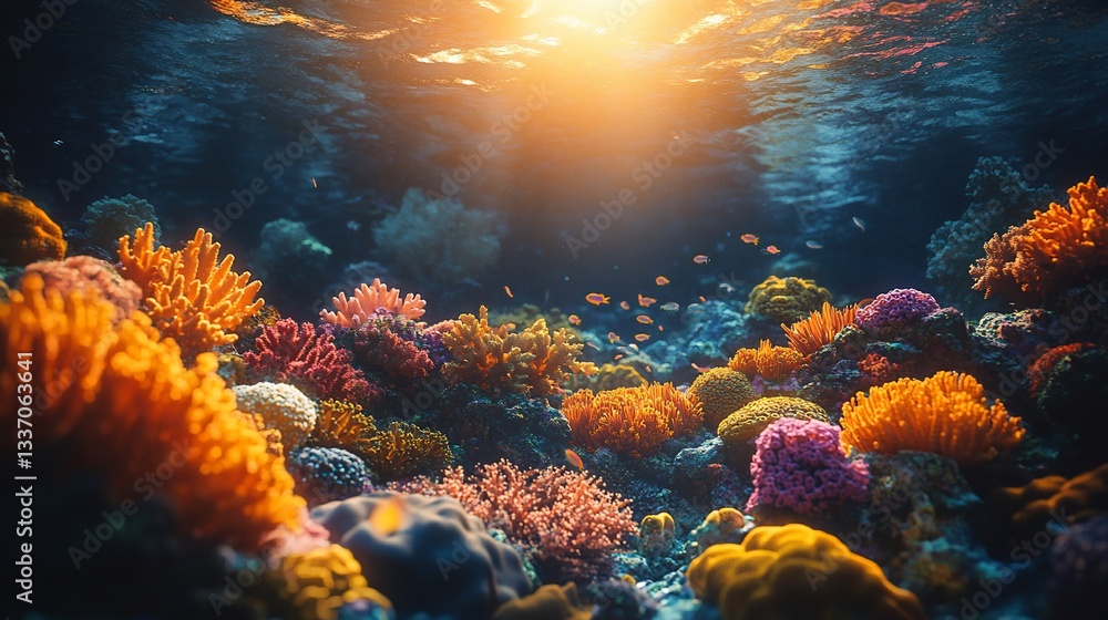 Fototapeta premium Vibrant coral reef underwater scene at sunset.