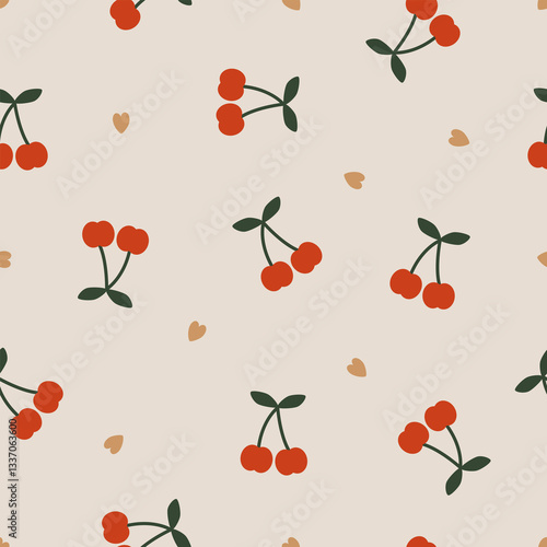 Wallpaper Mural Cute red cherry seamless vector pattern. Doodle pink and red cherries fruit vector for wallpaper, textile, fashion, background, stationary, wrapping, card, and phone cases. Torontodigital.ca