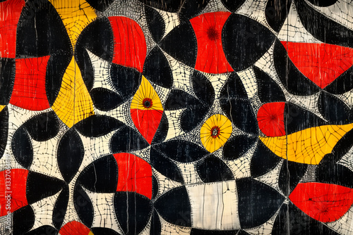 A bold and eye-catching Samakaka fabric pattern from Angola, featuring dramatic black, red, white, and yellow geometric motifs. The design consists of large, symmetrical triangles, zigzags