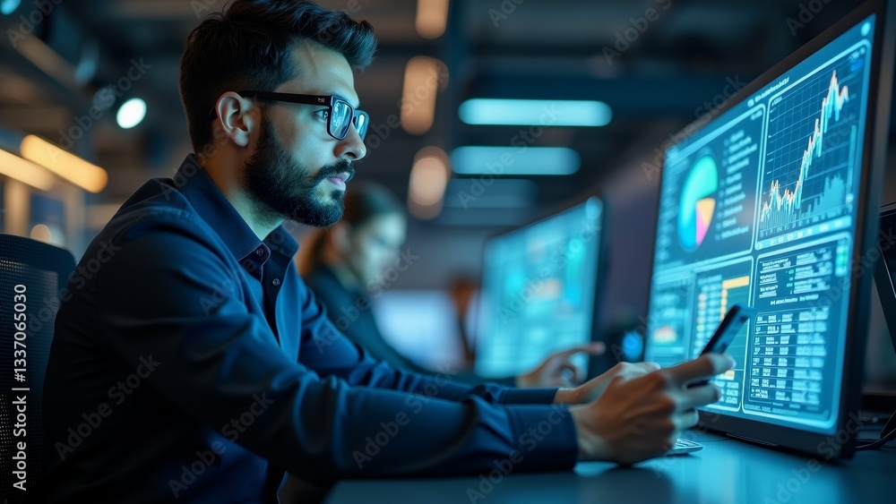 young man sitting desk front multiple computer monitors wearing dark blue shirt glasses has beard appears focused his work holding smartphone his hand looking screen monitors display various graphs