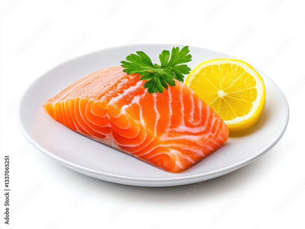 Fresh salmon fillet garnished with parsley and lemon slice on a white plate Fresh salmon fillet garnished with parsley and lemon slice on a white plate