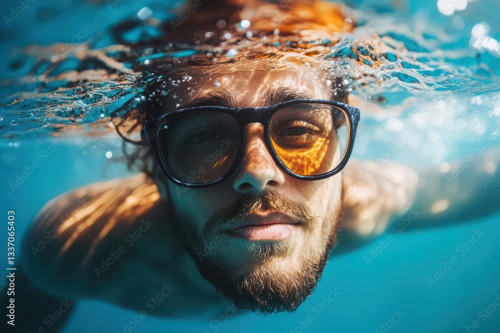 Fototapeta premium Man swimming underwater with sunglasses and beard