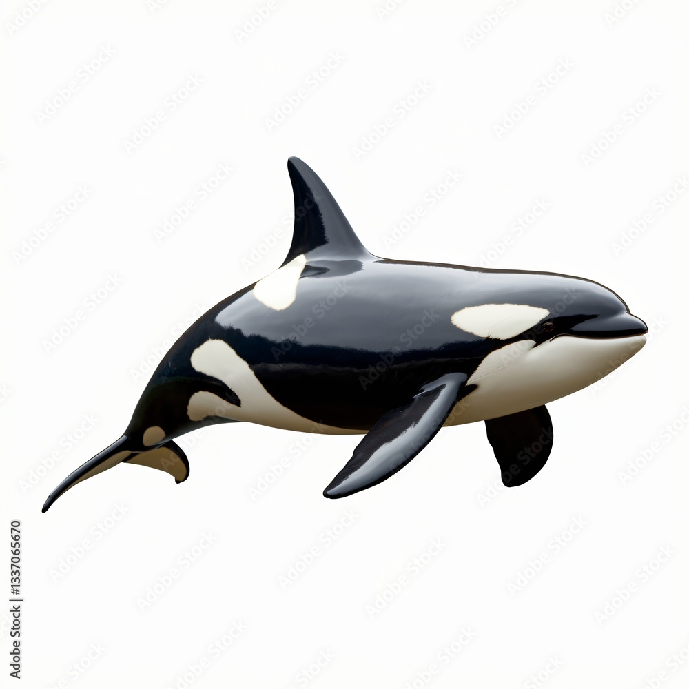 Fototapeta premium Realistic Depiction of an Orca with Distinctive Black and White Patterns Isolated on a White Background.