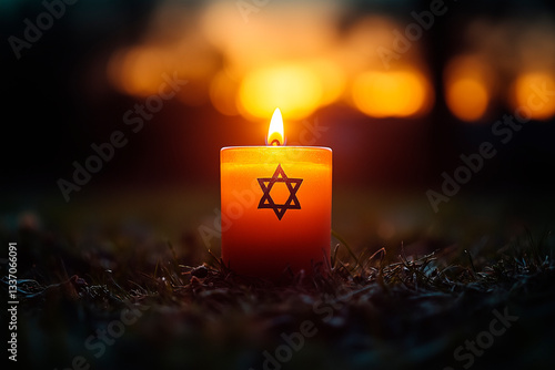 A solemn and respectful Yom HaShoah memorial card with a single, softly glowing Yahrzeit candle against a deep, muted background. A delicate Star of David in the distance, fading into light