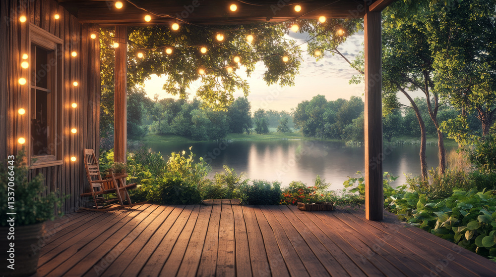 Obraz premium Wooden veranda or terrace of country house overlooks green trees and bushes in forest with lake shore. Summer cartoon vector landscape with patio made of wood with garlands to relax in backyard.