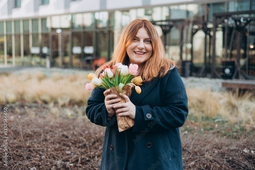 Beautiful young woman with spring tulips flowers bouquet walking at city street. Happy girl posing outdoors. Spring portrait of pretty female on urban background. High quality photo.
