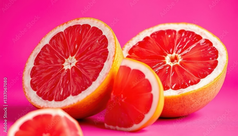 Halved pink grapefruit, juicy segments, vibrant background, juicy, wellness Halved pink grapefruit, juicy segments, vibrant background, juicy, wellness