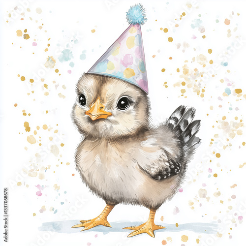 cute happy baby chicken with birthday cap clipart, drawing portrait watercolors isolated on transparent background