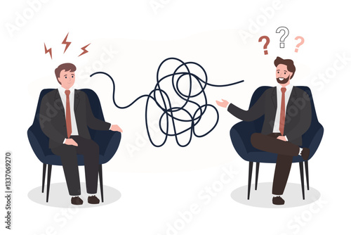 Bad communication concept. Businessmen talking through messy chaos, tangled line make people confused. Misunderstanding create confusion in work