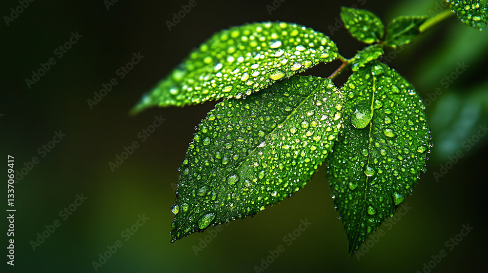 Close-up of green leaves adorned with water droplets, showcasing nature's beauty and freshness. Close-up of green leaves adorned with water droplets, showcasing nature's beauty and freshness.