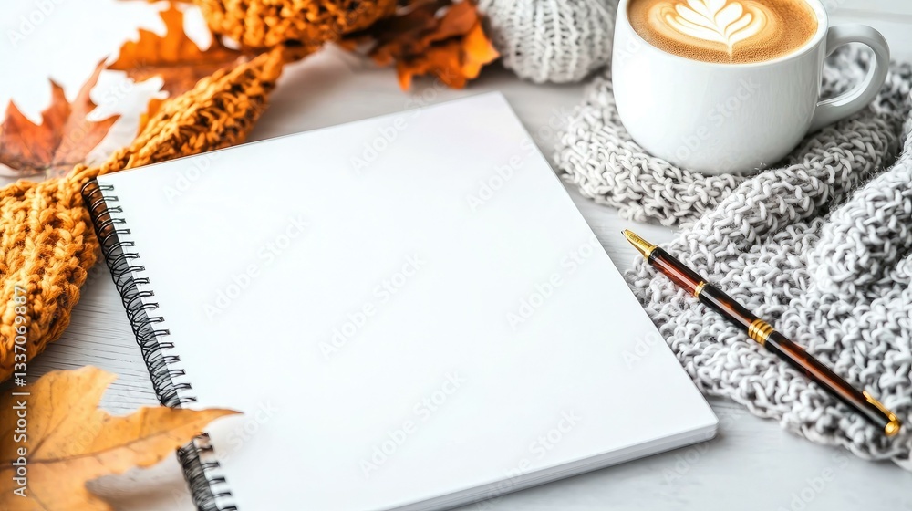 Cozy autumn workspace with a blank notebook, warm coffee, and decorative leaves on a soft knitted scarf, perfect for creative writing or planning seasonal activities.