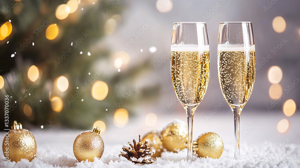 Two elegant champagne glasses are surrounded by festive decorations, including golden ornaments and a pinecone, against a soft, snowy backdrop. Two elegant champagne glasses are surrounded by festive decorations, including golden ornaments and a pinecone, against a soft, snowy backdrop.