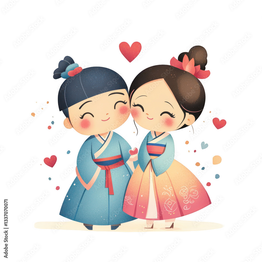 Cute Cartoon Characters in Traditional Outfit with Love Hearts Cute Cartoon Characters in Traditional Outfit with Love Hearts