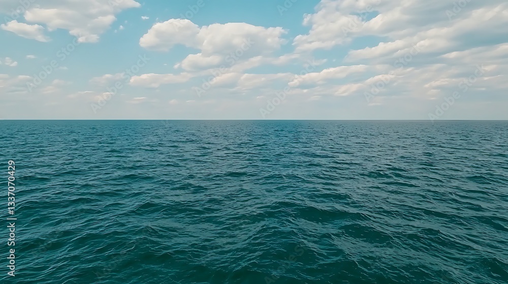 Obraz premium Ocean surface, horizon view, blue sky with clouds background, used for travel or nature themes