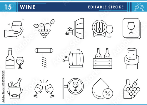 A set of line icons related to Wine. Bar, barrel, drinks, menu, grapes, celebrate, and so on. Vector editable stroke.