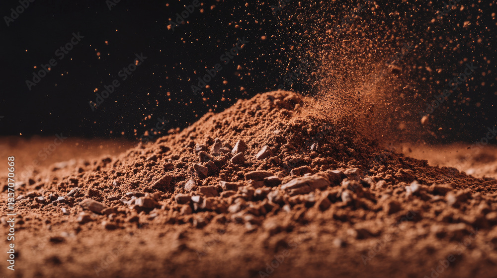 Cacao powder or coffee explosion splash isolated vector on dark background. Brown cinnamon burst on dark background. Dirt ground blast effect with flying grain particle. Splatter design illustration. Cacao powder or coffee explosion splash isolated vector on dark background. Brown cinnamon burst on dark background. Dirt ground blast effect with flying grain particle. Splatter design illustration.