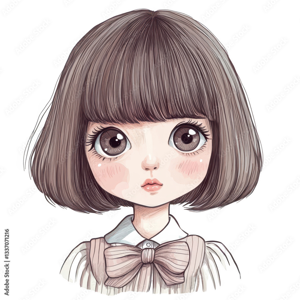 Cute cartoon girl with bob haircut and large expressive eyes Cute cartoon girl with bob haircut and large expressive eyes