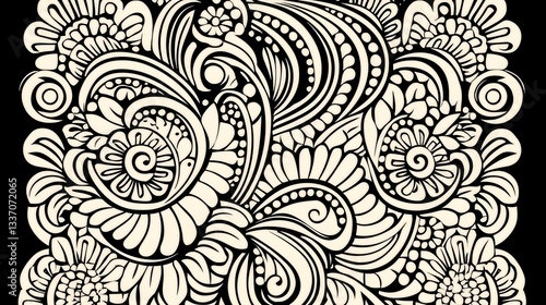Ornate black and cream floral pattern design; used for textiles, wallpaper or backgrounds