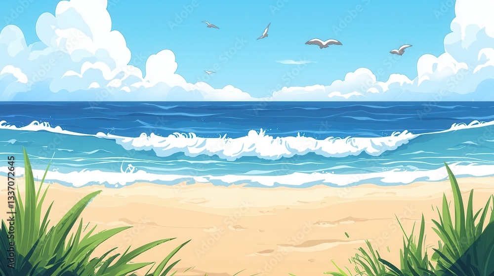 Fototapeta premium Idyllic Beach Scene Ocean Waves Sandy Shore and Sunny Sky