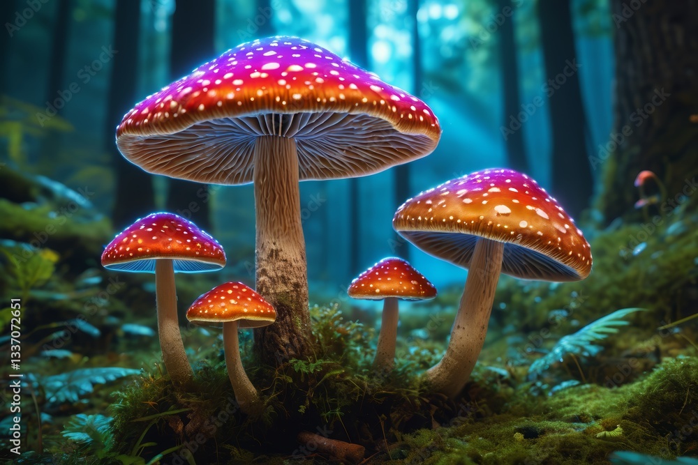 Fototapeta premium mushrooms in the forest with bright lights shining on them