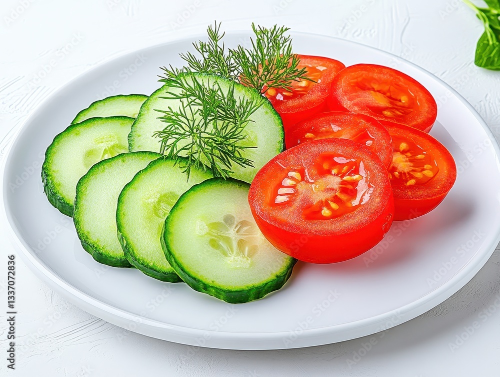 Freshly sliced cucumbers and tomatoes on a white plate with herbs Freshly sliced cucumbers and tomatoes on a white plate with herbs