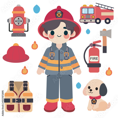 Cute cartoon firefighter in uniform and helmet, surrounded by fire fighting tools fire extinguisher, hydrant, axe, fire truck, vest and rescue puppy.