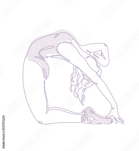 A minimalistic one-line drawing of a ballerina in a graceful pose, depicted on a white background. A delicate continuous line vector illustration in light pink