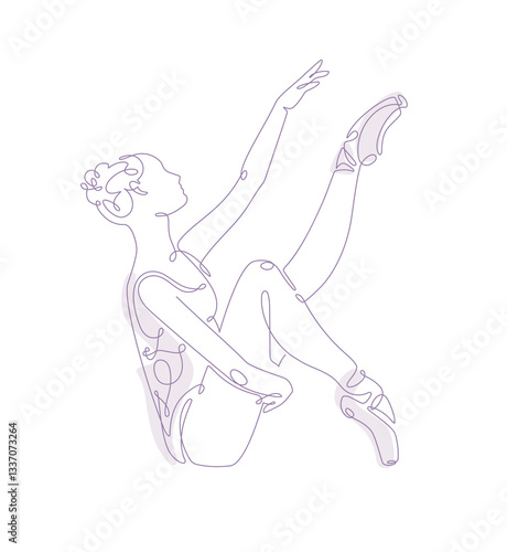A minimalistic one-line drawing of a ballerina in a graceful seated pose, depicted on a white background. A delicate continuous line vector illustration in light pink
